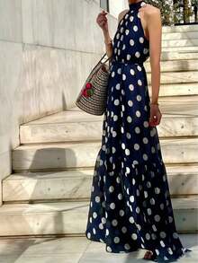 Vestido de verano negro casual y elegante con estampado de lunares, lazo en la cintura, volantes en el bajo y cuello halter para mujer en vacaciones - Azul marino - Ver 2