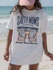 Camisetas gráficas de estilo vacacional para mujer - Salty Moms Beach Club Lounge Chair - Conjuntos de vacaciones para mujer, 100% algodón, conjuntos de verano para mujer, camisetas de streetwear, camisetas casuales de algodón de manga corta, tops de moda para mujer, tops de verano, camisetas holgadas, atuendo diario, adecuado para primavera, verano y otoño. - Blanco - Ver 1