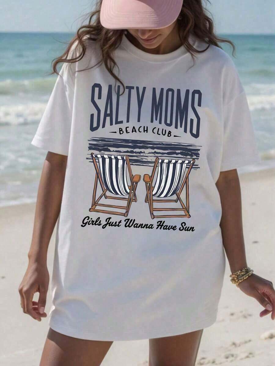 Camisetas gráficas de estilo vacacional para mujer - Salty Moms Beach Club Lounge Chair - Conjuntos de vacaciones para mujer, 100% algodón, conjuntos de verano para mujer, camisetas de streetwear, camisetas casuales de algodón de manga corta, tops de moda para mujer, tops de verano, camisetas holgadas, atuendo diario, adecuado para primavera, verano y otoño. - Blanco - Ver 1