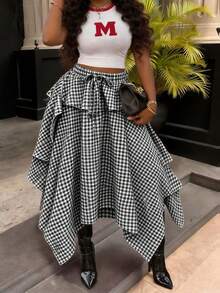 High-Waisted Loose Tie-Up Plaid Red & White Retro Style Skirt , Asymmetric Hemline, Vacations, Summer & Autumn, Special Occasions Black - Black - View 2