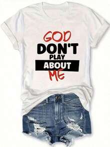 Camiseta Gráfica God Don'With Me para Mujer de FASHIOGIRL - Cuello Redondo Casual, Manga Corta, Cómoda, para Primavera/Verano, Blanca con Estampado Negro y Rojo, Ligera,% Tela, Camisetas Gráficas - Blanco - Ver 2