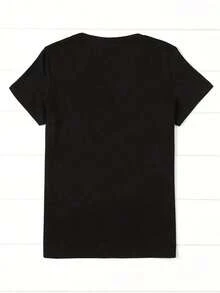 Camiseta de manga corta para mujer con estampado de letras, cuello redondo, suave y con caída fluida, adecuada para uso diario, oficina, escuela, vacaciones, camping, de estilo versátil, que hace que tu verano sea más vibrante y colorido. - Negro - Ver 2