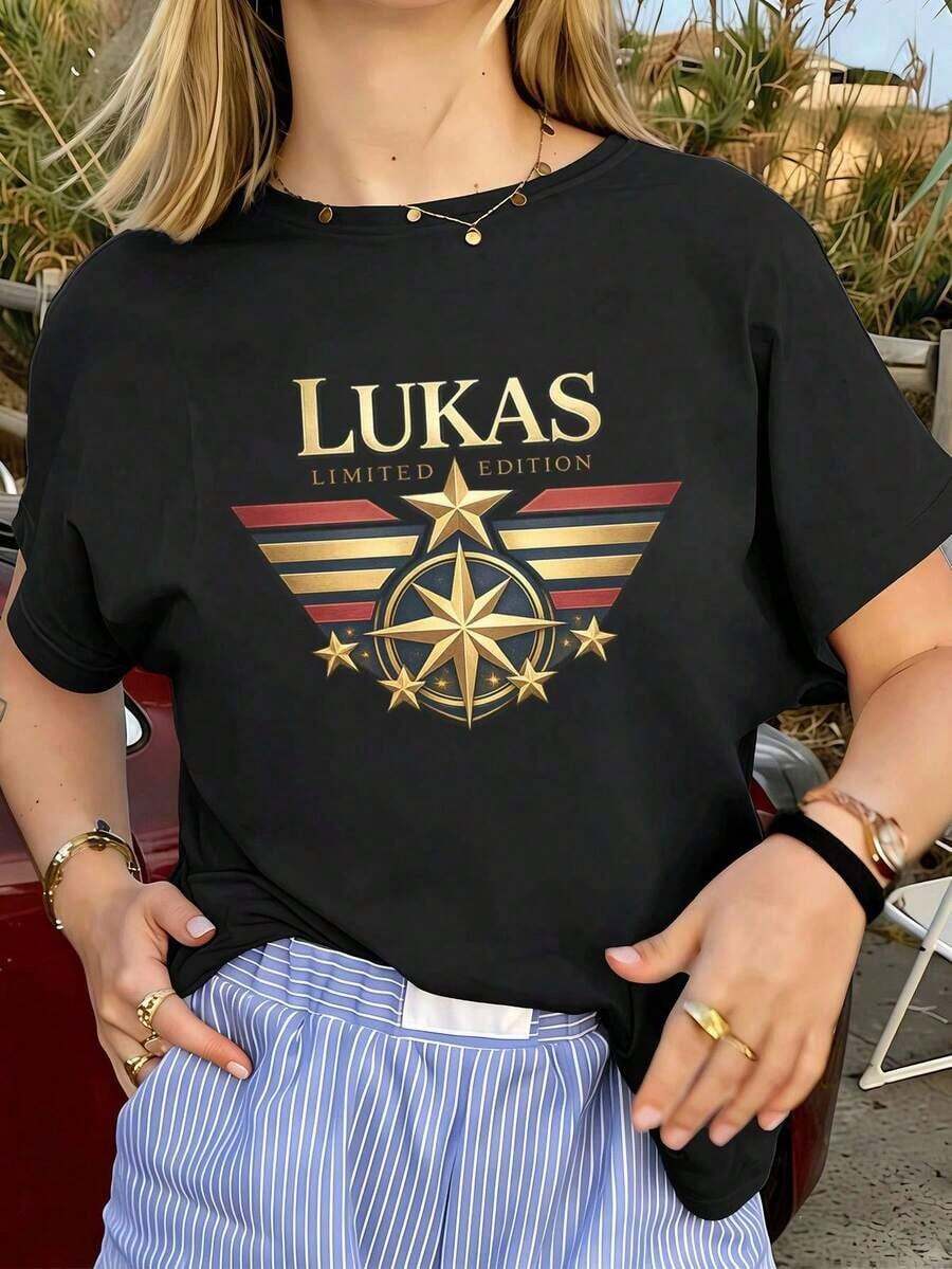 Loose Fit. Women's Black T-Shirt With Star Graphic Print, Premium Fabric, Urban Hip-Hop Style, Comfortable, Durable, Graphic Design. Basic Crew Neck Cotton T-Shirt For Women - 黑色 - 查看 1