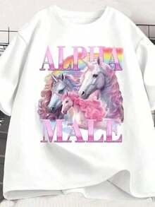Funny Alpha Unicorn T-Shirt With Simple And Versatile Design, Vintage Ironic T-Shirt With Strange Meme, Short Sleeve Graphic T-Shirt For Women, Summer Casual Wear, Cotton T-Shirt - 白色 - 查看 7