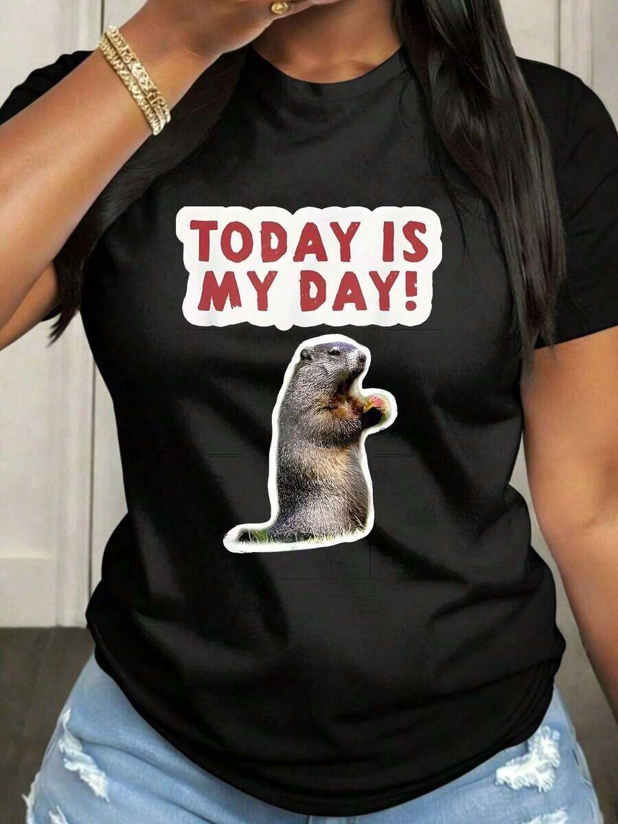 "Groundhog Day Is My Day Punxsutawney Phil" Women's Casual Short Sleeve Crew Neck T-Shirt, Medium Elasticity Fabric Suitable For Spring, Summer And Autumn Casual Outfits, Machine Washable, Fun Design. - 黑色 - 查看 1
