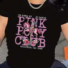 conjuntos de mujerCamiseta de manga corta de poliéster con estampado gráfico de Pony Club rosa, ligera y duradera para uso casual en el hogar o en restaurantes, ajuste cómodo para uso diario. Camiseta de manga corta con estampado gráfico para mujer, estilo casual, cuello redondo, holgada, cómoda y suave, ideal para atuendos diarios. playeras de mujer - Negro - Ver 7