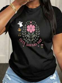 Women's Safari Day T-Shirt, Casual, Short Sleeve, Round Neck, With Medium Elasticity Fabric, Suitable For Spring, Summer And Autumn Casual Outfits, Machine Washable, Fun Design - Black - View 7