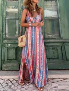 Women's Blue Dress With White Zigzag Print, Deep V-Neck, Thin Straps With Ruffles At The Shoulders, Long Skirt With Side Slit, Light And Flowing Fabric Ideal For Summer, Boho Beach Style Perfect For Vacations, Beach Parties And Trips To The Caribbean - 紅色 - 查看 2