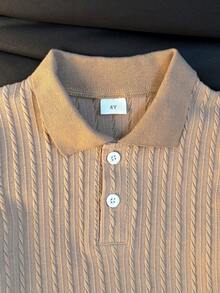 2pcs Boys' Summer Brown Textured Polo Shirt With Collar And Matching Elastic Waist Shorts Set, Suitable For School And Everyday Wear - Camel - View 4