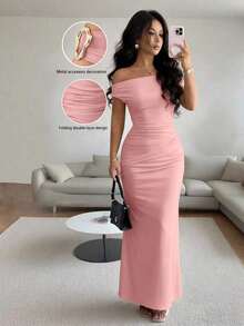 YHHRafferiza Vestido de fiesta ajustado con hombros descubiertos y detalles metálicos elegantes para mujerYHH - Rosa - Ver 1