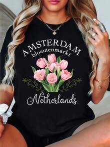 1 T-Shirt With Pink Tulip Print, Amsterdam T-Shirt, Holland Travel Souvenir, Pink Floral T-Shirt, Nature Lover T-Shirt, Gift For Tulip Lovers, 180g 100% Cotton. - 黑色 - 查看 12
