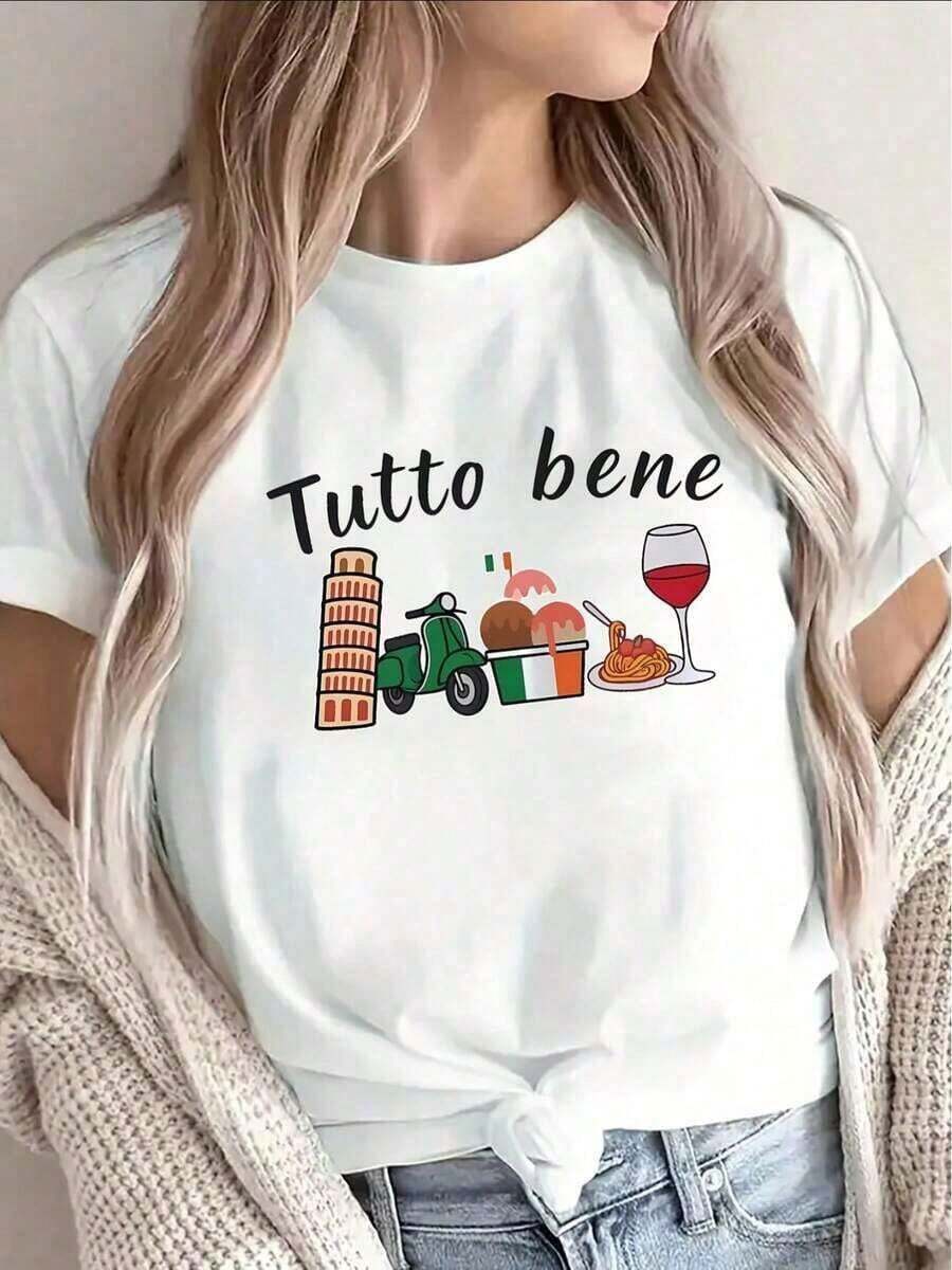 Women's & Men's Fashion T-Shirt For Women And Men 2026, New Summer Collection, Italian Style - Leaning Tower And Scooter Design "Tutto Bene" | Lightweight Polyester Short Sleeve Crew Neck T-Shirt, Suitable For Casual Wear, Travel And Italian Style Outfits, Machine Washable, Casual And Soft. New Loose And Versatile T-Shirt. - 白色 - 查看 1