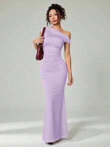 Ropa de verano, atuendos para citas diarias y viajes, atuendos de fiesta, ropa interior elegante para mujeres, atuendos para salir, vestido asimétrico con hombros caídos y cola de pez extra larga, atuendos de club para mujeres, atuendos para - Púrpura malva - Ver 9