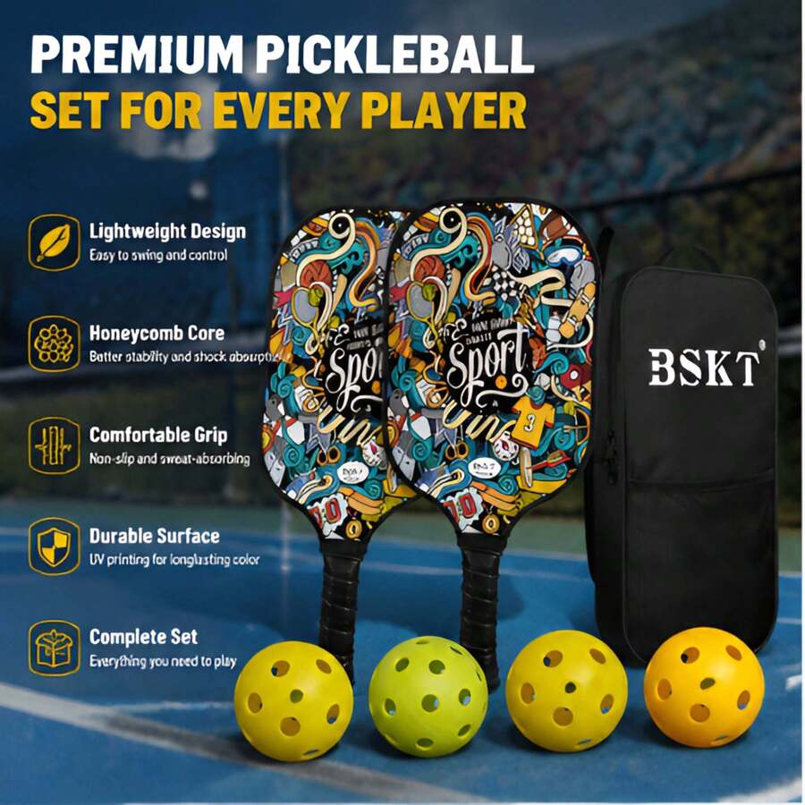 BSKT 1 Set Graffiti Pattern Fiberglass Pickleball Paddle, Lightweight Fiberglass Body, Indoor Court Outdoor Lawn Yard Leisure Match, Adult Daily Training Pickleball Sports Equipment, One-Piece Molded Fiberglass Surface, Graffiti High-Definition Print, Honeycomb Shock-Absorbing Core, Lightweight Balanced Grip Weight, Low Impact Vibration, Excellent Spin And Ball Control, Suitable For Indoor Professional Courts, Outdoor Lawns, Yard Open Spaces For Doubles Matches And Singles Basic Training