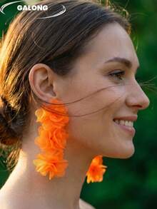 Bohemian Orange Mesh Flower Long Earrings, Lightweight Chiffon Eardrops, Retro Personalized Earrings - Burnt Orange - View 3