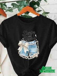 1 camiseta de mujer con cuello redondo, estampado de letras y anime, de diseño sencillo, cómoda y transpirable, adecuada para uso diario casual y versátil, que muestra un estilo natural y elegante, imprescindible para fiestas de verano, entrega local. Pantalones cortos de mezclilla con cordones de perlas, 180g, 100% algodón. - Blanco - Ver 7