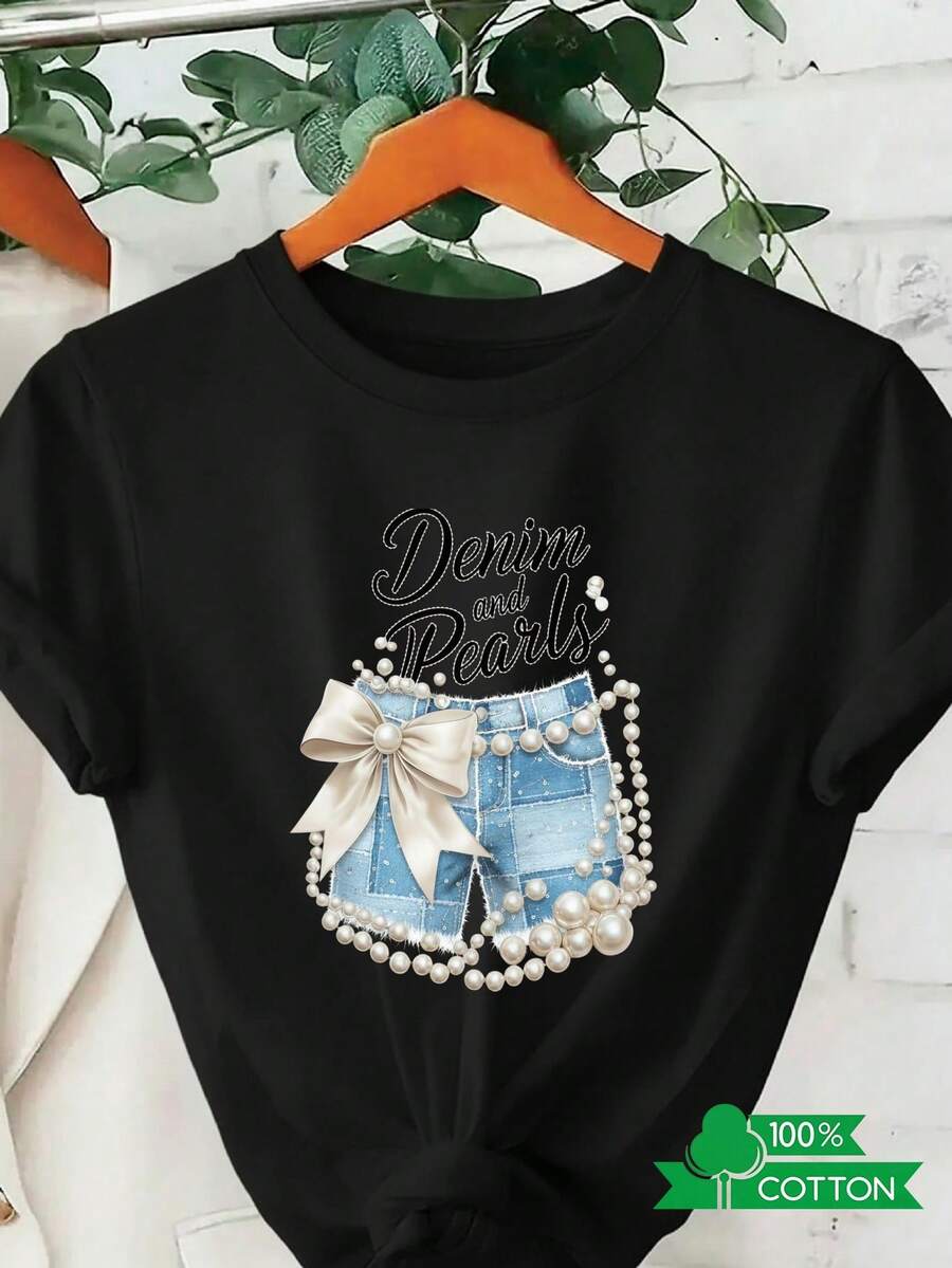 1 camiseta de mujer con cuello redondo, estampado de letras y anime, de diseño sencillo, cómoda y transpirable, adecuada para uso diario casual y versátil, que muestra un estilo natural y elegante, imprescindible para fiestas de verano, entrega local. Pantalones cortos de mezclilla con cordones de perlas, 180g, 100% algodón. - Negro - Ver 1