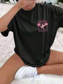 Casual T-Shirt [Double-Sided Print] Women's Loose-Fitting Casual Top For Spring And Summer, Beach Style, With Palm Tree Print, Surfboards, Cowgirl Style For Beach And Saltwater, Short Sleeve, Round Neck, 100% Cotton, Oversized Drop Shoulder T-Shirt [Chu] 100% Cotton, Durable - 黑色 - 查看 2
