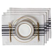 Juego de 4 manteles individuales para mesa de comedor manteles individuales de tela tejida para decoración de mesa de cocina hechos a mano lavables a máquina manteles de algodón de 13 x 19 pulgadas y - Negro Beige - Ver 2