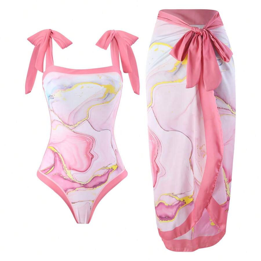Women's One-Piece Swimsuit, Sexy Bikini With Long Lace-Up Skirt, Three-Piece Set. - 粉紅色水波紋 - 查看 1