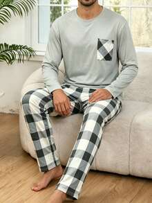 Set Piyama Kasual Pria, Pullover Leher Bulat Ringan dan Nyaman, Atasan Lengan Panjang dan Celana Motif Kotak-kotak Warna Kontras, Set Pakaian Rumah Santai untuk Musim Semi dan Gugur - MultiWarna - View 1