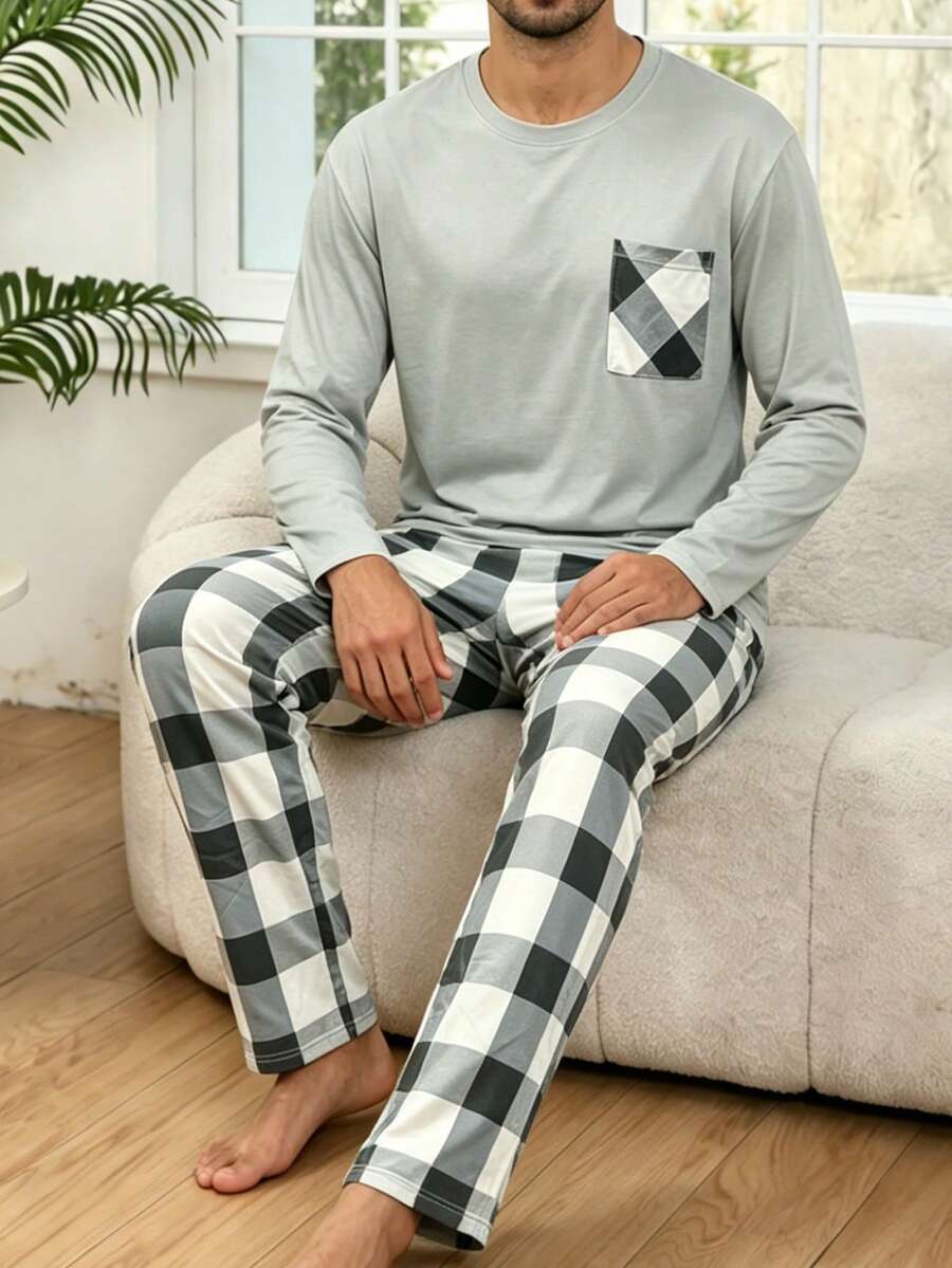 Set Piyama Kasual Pria, Pullover Leher Bulat Ringan dan Nyaman, Atasan Lengan Panjang dan Celana Motif Kotak-kotak Warna Kontras, Set Pakaian Rumah Santai untuk Musim Semi dan Gugur - MultiWarna - View 1