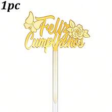 1个/3个金色亚克力“Feliz Cumpleaños”（西班牙语生日快乐）蛋糕装饰插牌，饰有花卉和蝴蝶图案，适合西班牙主题生日派对装饰。 - 多色 - 查看 14