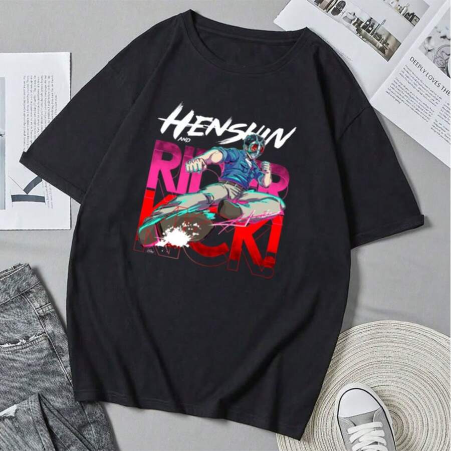 Camiseta Henshin-Rider-Kick-Dream con estampado de dibujos animados de anime Y2K, unisex, de manga corta, estilo casual de verano. - Negro - Ver 1