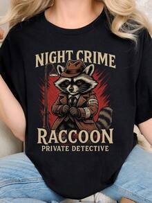 Camiseta unisex Night Crime RacC1oon Detect, teñida con hilo, para amantes de los animales, regalo divertido para amigos, moda peculiar, informal. Camiseta unisex de algodón puro de 220 g, peso ideal para todas las estaciones, adecuada tanto para hombres como para mujeres. Tejido duradero de alta calidad, suave al tacto y de larga duración. Top transpirable, adecuado para la ropa de otoño y de vacaciones de las mujeres. - Negro - Ver 1