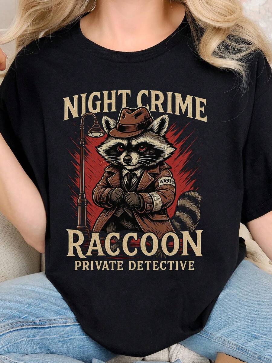 Camiseta unisex Night Crime RacC1oon Detect, teñida con hilo, para amantes de los animales, regalo divertido para amigos, moda peculiar, informal. Camiseta unisex de algodón puro de 220 g, peso ideal para todas las estaciones, adecuada tanto para hombres como para mujeres. Tejido duradero de alta calidad, suave al tacto y de larga duración. Top transpirable, adecuado para la ropa de otoño y de vacaciones de las mujeres. - Negro - Ver 1