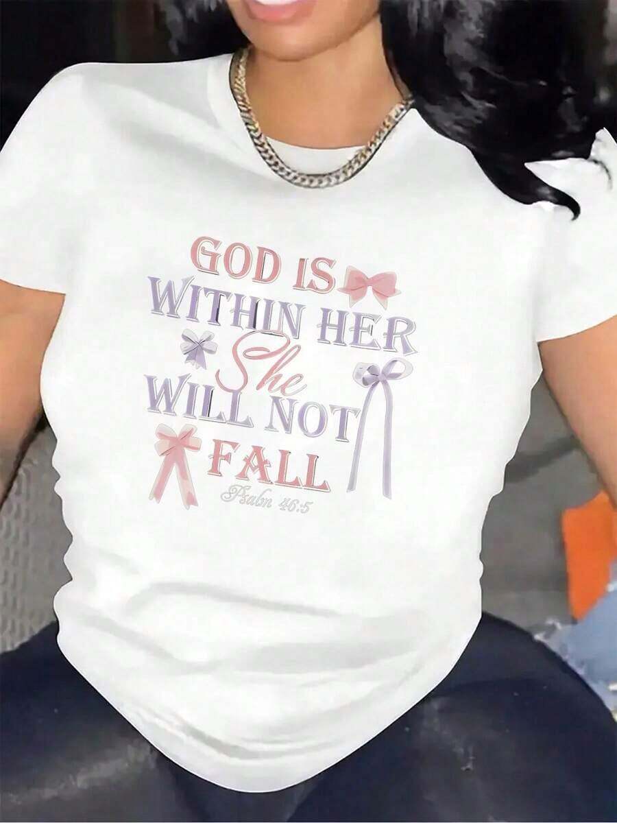Camiseta De Manga Corta Para Mujer, 100% Fibra De Poliéster, Ligera Y Duradera, Con Versículo Bíblico Inspirador "Dios Es Su Refugio, No Será Sacudida" Y Diseño Elegante De Lazo, Ideal Para Uso Diario, Iglesia O En CasaWomen Standard Size Casual T-Shirt Breathable Lightweight Short Sleeve Tee - Blanco - Ver 1