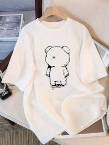 Camisetas de manga corta de talla grande, suaves y transpirables para mujer - Tops casuales de corte holgado para uso diario, camiseta de manga corta con diseño único para mujer, camiseta de manga corta de moda con estampado de dibujos animados para verano, top ajustado, transpirable y cómodo. - Blanco - Ver 11