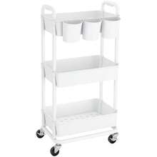 Plastic Rolling Storage Cart Utility Cart With Extra Hanging Cups Handles Lockable Wheels For Living Room Bathroom Kitchen Office - White - View 1