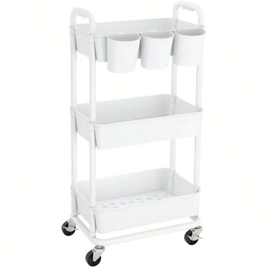 Plastic Rolling Storage Cart Utility Cart With Extra Hanging Cups Handles Lockable Wheels For Living Room Bathroom Kitchen Office - White - View 1