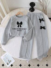 Tween Girl Bow Pattern Print Crew Neck Sweatshirt And Bow Decor Pants - Grey - View 1
