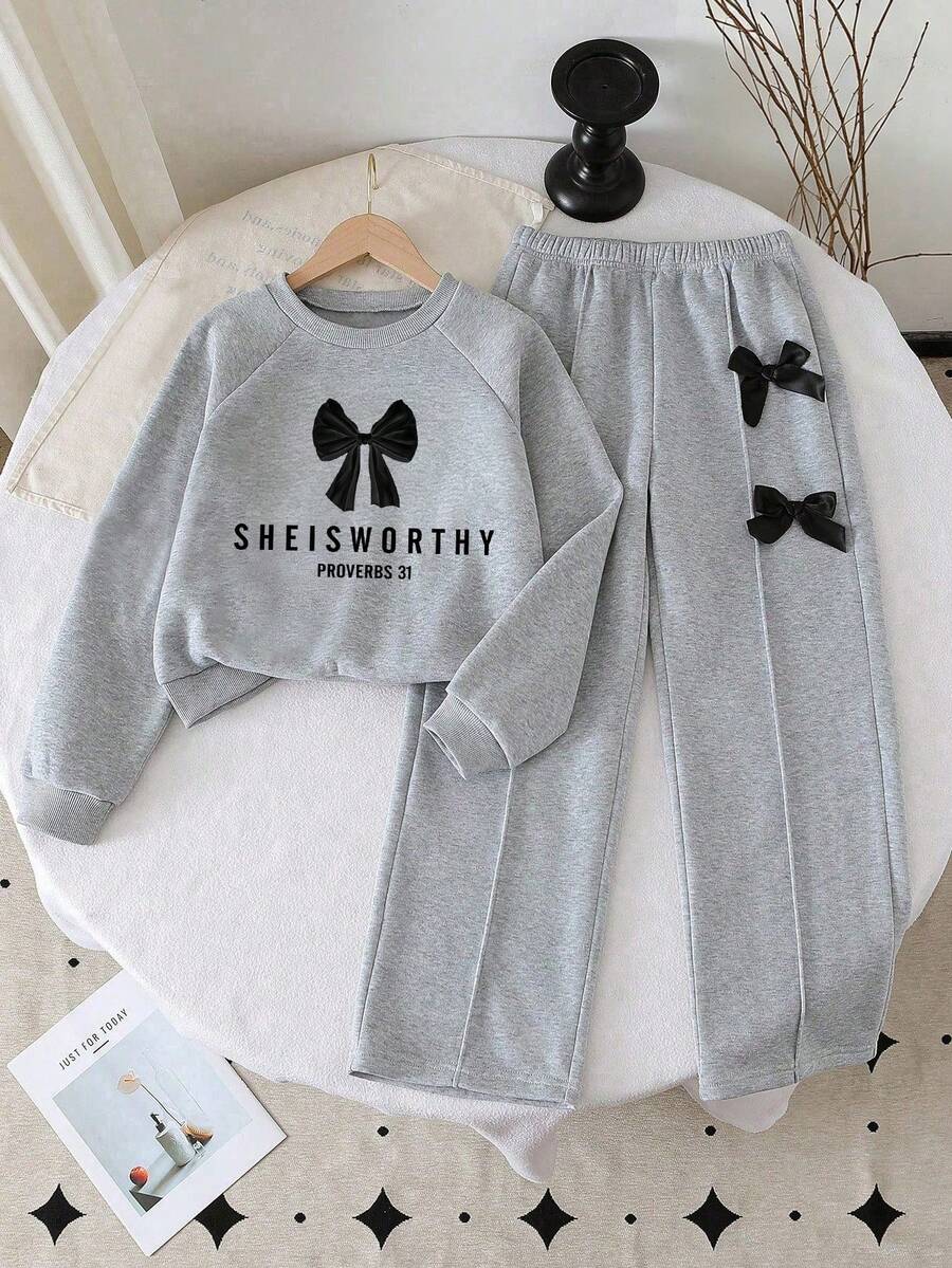 Tween Girl Bow Pattern Print Crew Neck Sweatshirt And Bow Decor Pants - Grey - View 1