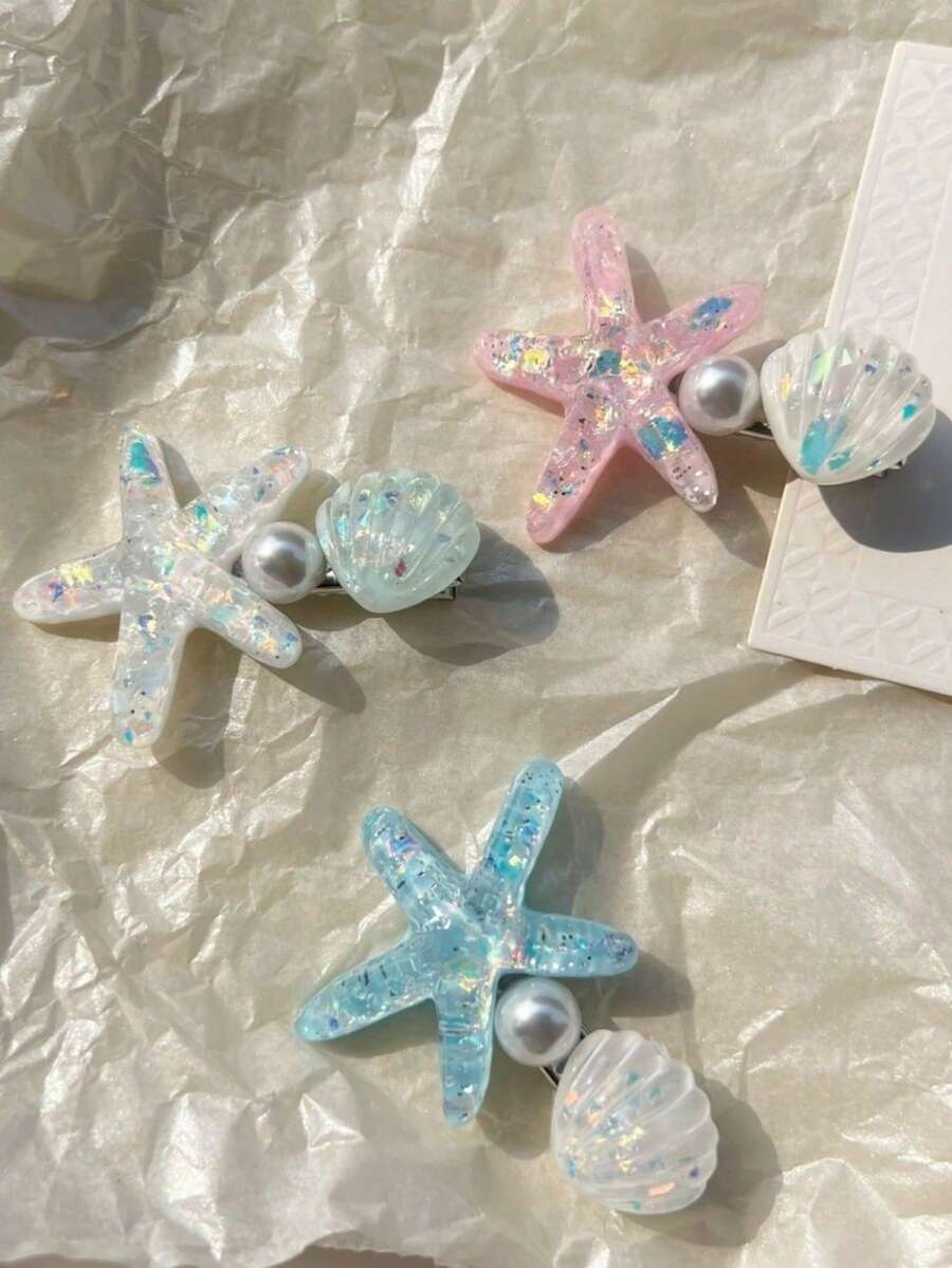 3件裝時尚海洋海星貝殼仿珍珠髮夾，可愛瀏海鱷魚夾髮飾，海洋系列女性髮夾，藍色海星貝殼仿珍珠髮夾適合甜美海邊度假，髮卡，髮爪 - 彩色 - 查看 1