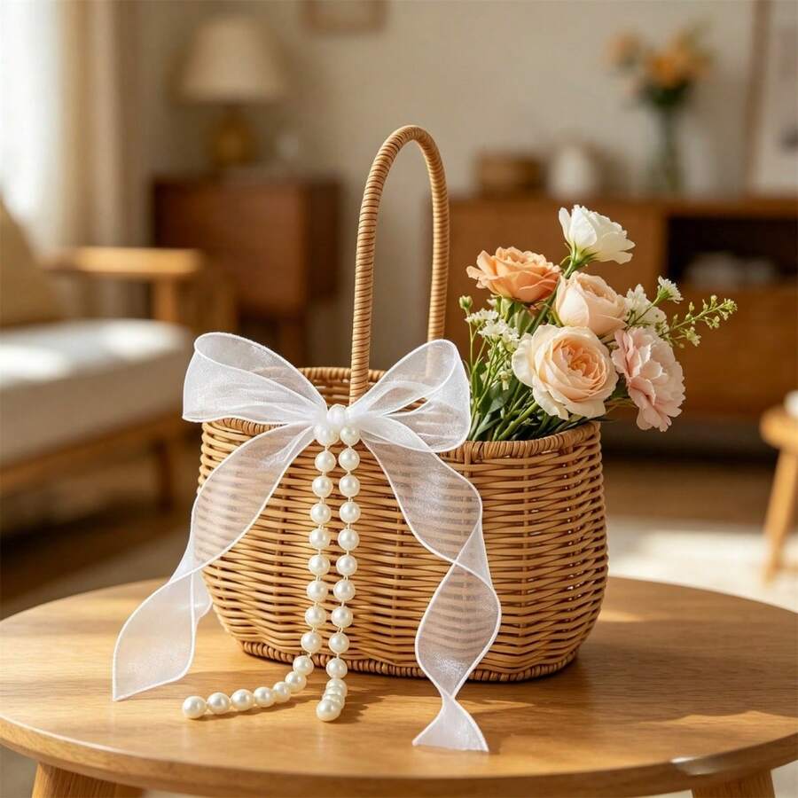 Wicker Flower Girl Baskets With Bows Rustic Pearl Willow Wedding Baskets For Party Banquet Ceremony Decoration - Brown - View 1