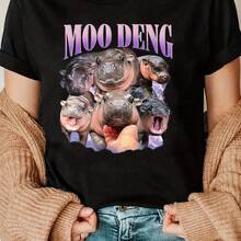 Women's Casual Crew Neck T-Shirt With Moo Deng Hippo Print, Polyester Blend Knit Fabric, Short Sleeve With Slight Stretch For All Seasons - Cute Animal Family Pattern T-Shirt For Sports And Everyday Wear - 黑 - 查看 1