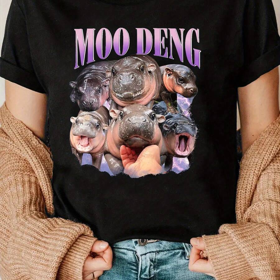 Women's Casual Crew Neck T-Shirt With Moo Deng Hippo Print, Polyester Blend Knit Fabric, Short Sleeve With Slight Stretch For All Seasons - Cute Animal Family Pattern T-Shirt For Sports And Everyday Wear - 黑 - 查看 1