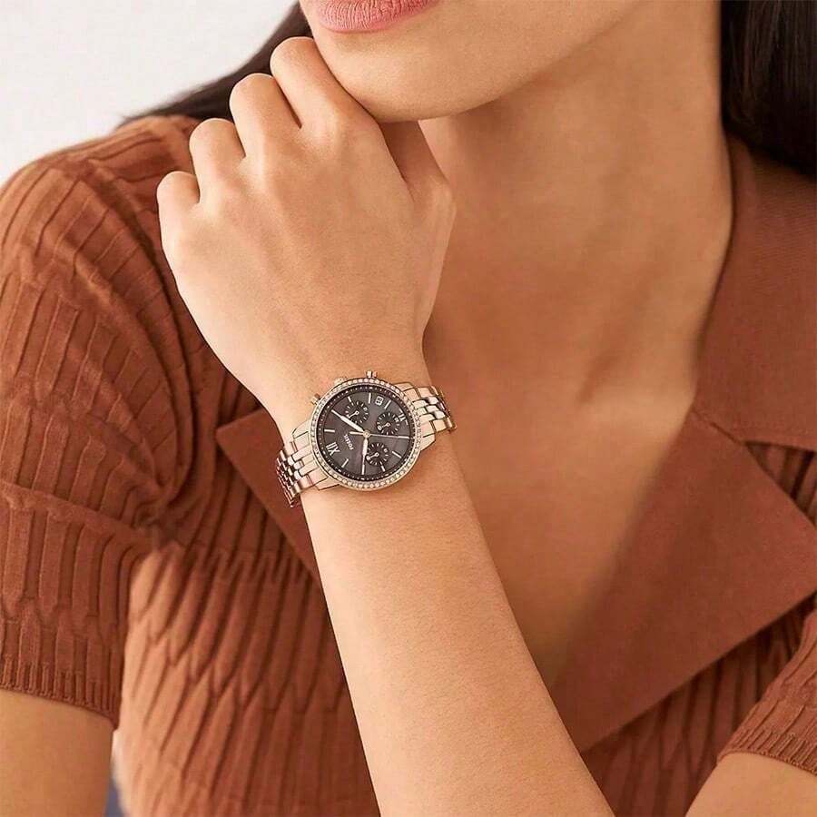 玫瑰金不鏽鋼計時碼錶,Fossil ES5218 36mm 棕色珍珠母貝錶盤女款奢華防水 50m 手錶 - 灰色+玫瑰金 - 查看 1