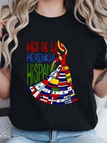 Camiseta Casual del Mes de la Herencia Hispánica, Camiseta con Estampado de Cuello Redondo para Verano, Top Suave de Manga Corta para Mujer, Camiseta Elegante y Cómoda para Mujer, Camisetas Gráficas de Moda - Negro - Ver 6