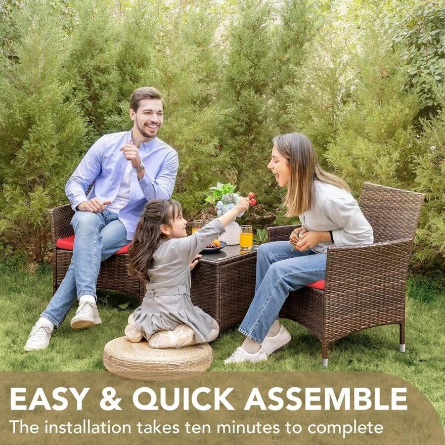 3 Pieces Patio Furniture Set, PE Rattan Wicker Outdoor Furniture with Steel Frame, Cushioned Chairs & Glass Coffee Table for Garden, Deck, Porch, or Poolside - Orange - Übersicht 1