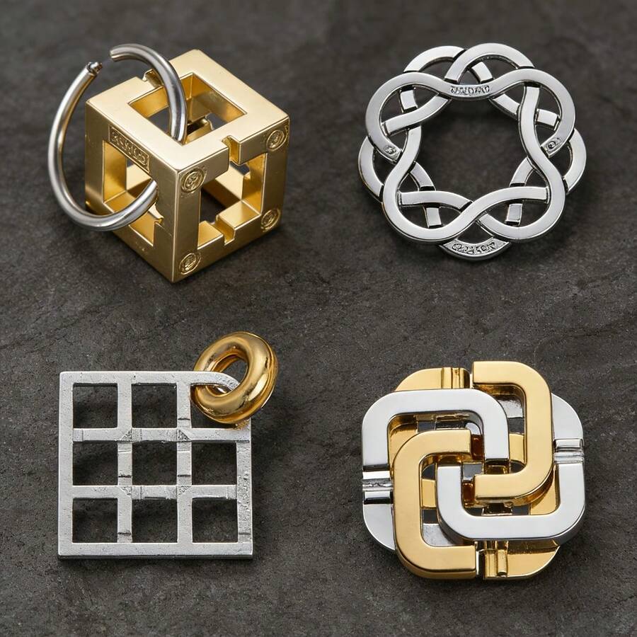 Set Permainan Kunci Puzzle Logam Tradisional 4 Buah - Kunci Luban, Kunci Kongming, Jalan Huarong, Desain Emas dan Perak Unik, Cocok untuk Tantangan Meja dan Permainan Pesta, Cocok untuk Hadiah Natal dan Ulang Tahun - MultiWarna - View 1