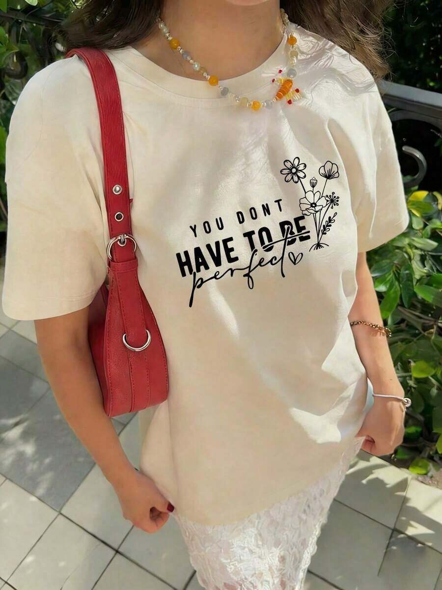 Camiseta de manga corta con cuello redondo, holgada, con un bonito diseño casual para mujer, ideal para uso diario y vacaciones. Nueva Colección de Verano para Mujer, ¡Extremadamente Elegante! Camiseta con Lema Inspirador y un 200% de Efecto Atractivo, Ideal para el Día de San Valentín, Regreso a Clases, Día del Maestro, etc. Camiseta de manga corta con estampado de letras, suave, holgada y cómoda, estilo casual urbano y de vacaciones - Estilo vintage urbano, unisex, de algodón, manga corta, cuello redondo, blusas para mujer. blusas.blusas casuales para dama. - Albaricoque - Ver 1