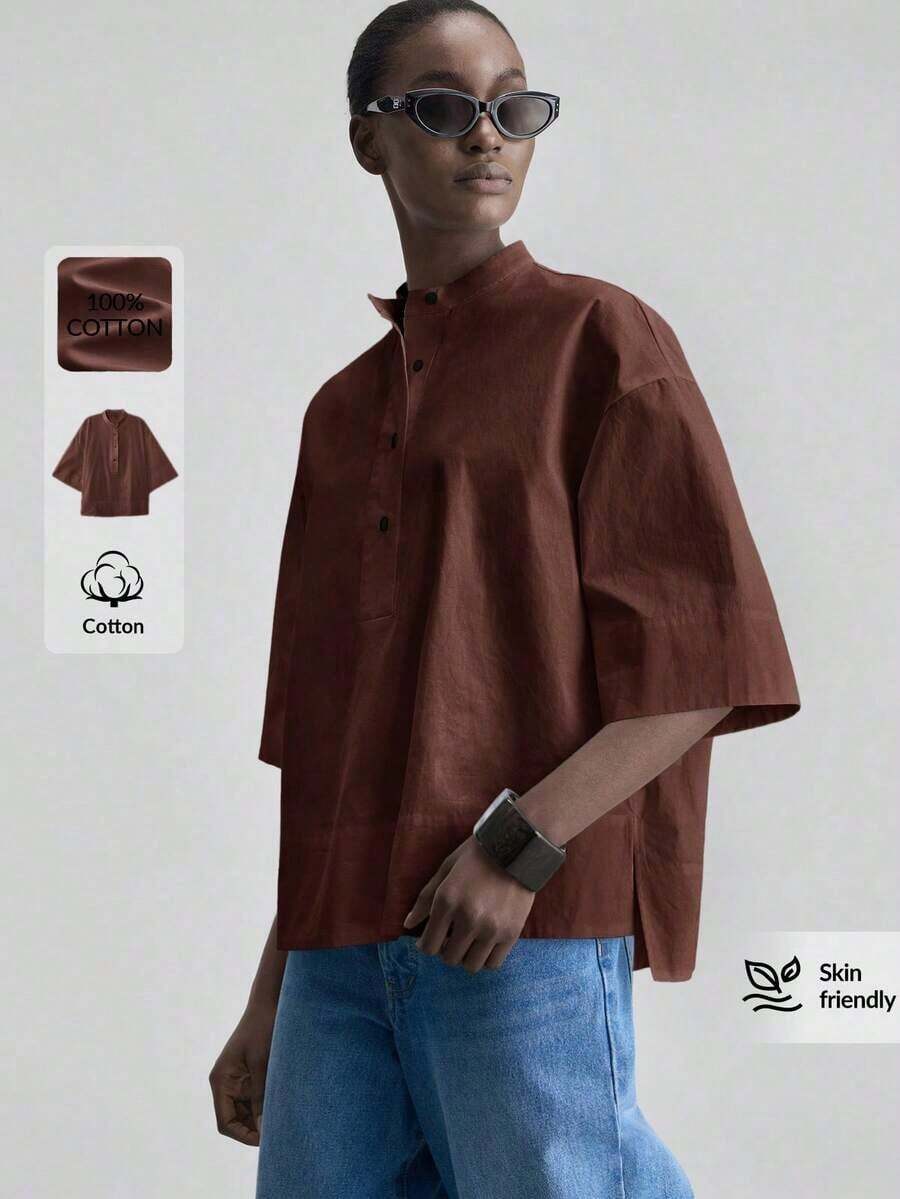 de diseño versátil y casual de serie esencial con sensación de lujo minimalista, con cuello redondo, hombros caídos y diseño suelto, silueta corta por delante y larga por detrás, de estilo urbano moderno y elegante para oficina, ideal para bod - Marrón - Ver 1