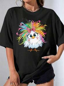 Black And White T-Shirt For Girls With Cute Owl Print, Bird With Colorful Feathers And Bow, For Casual Wear And Daily Outfits, Outdoor Party, 180g Casual Printed T-Shirt - 黑色 - 查看 7