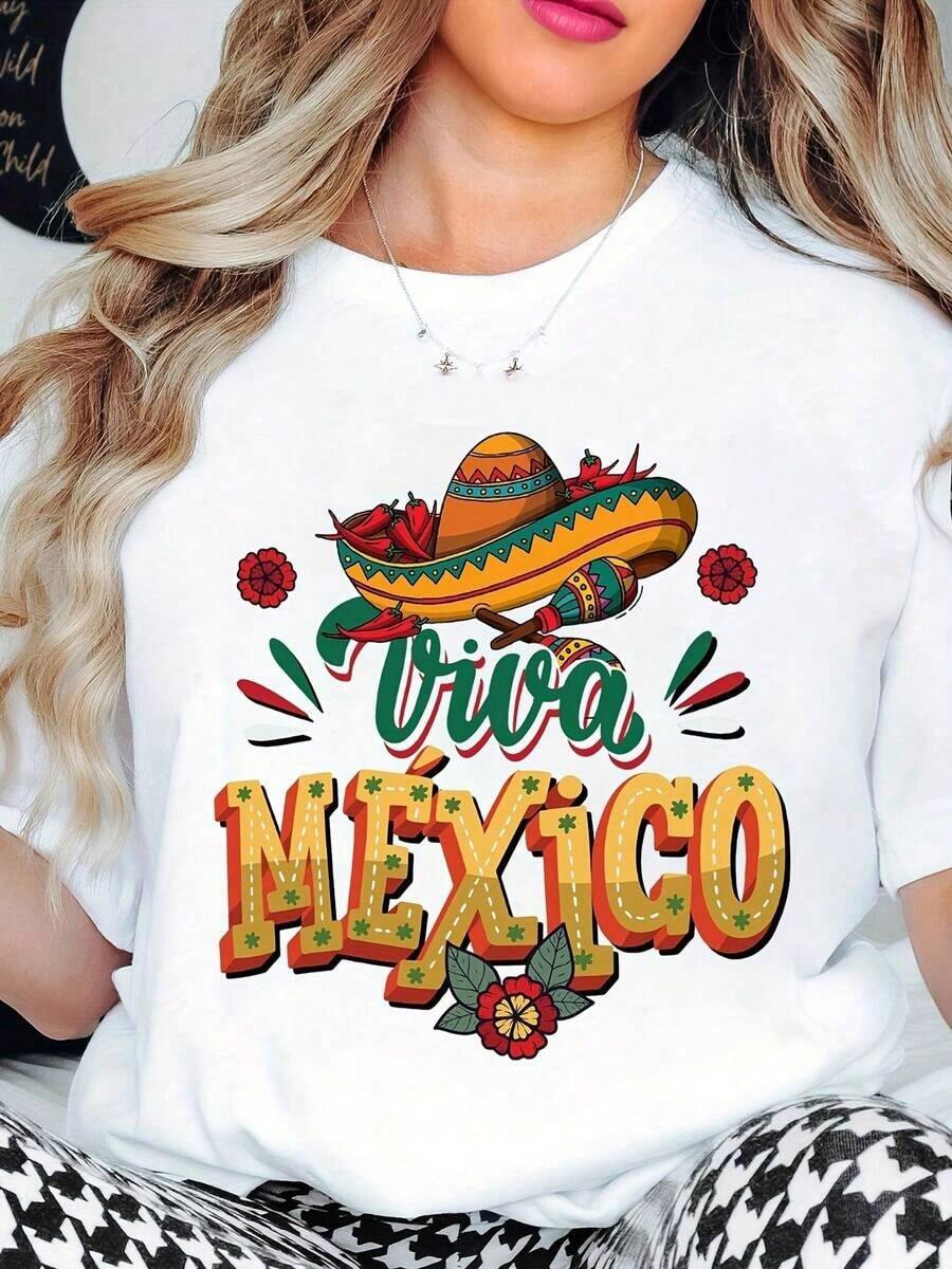 Casual Women's T-Shirt With Vibrant Viva Mexico Sombrero And Floral Print - Perfect For Fiesta, Cinco De Mayo, And Mexican Theme Parties,Fashion - Blanco - Ver 1