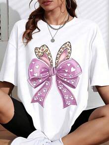 Camiseta con Estampado de Lazo, Negro, Rosa, Leopardo y Corazón, Ropa Casual de Verano para Mujer, Camiseta de Mujer - Blanco - Ver 1