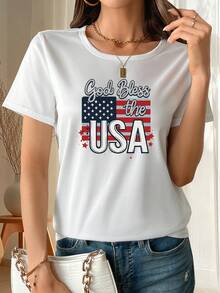 Camiseta de diseño sencillo con estampado de la bandera estadounidense, de manga corta, corte holgado y casual para mujer, casual y elegante, estilosa y práctica para el verano. - Negro - Ver 8